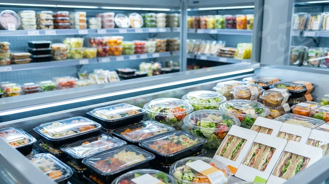 Supermarket chiller cabinet displaying various PET-lidded food products including ready meals, salads, and prepared foods