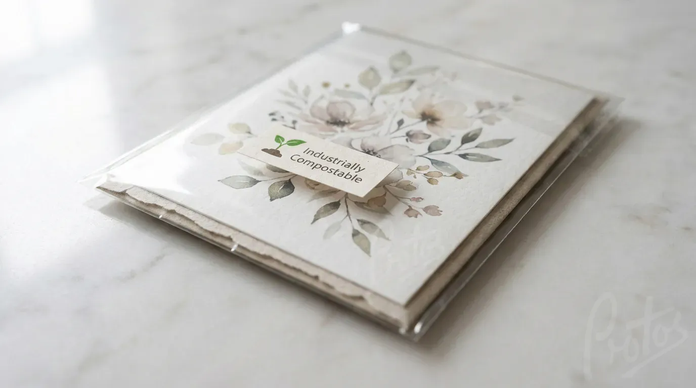 Greeting card packaged in clear PLA bag with industrially compostable label