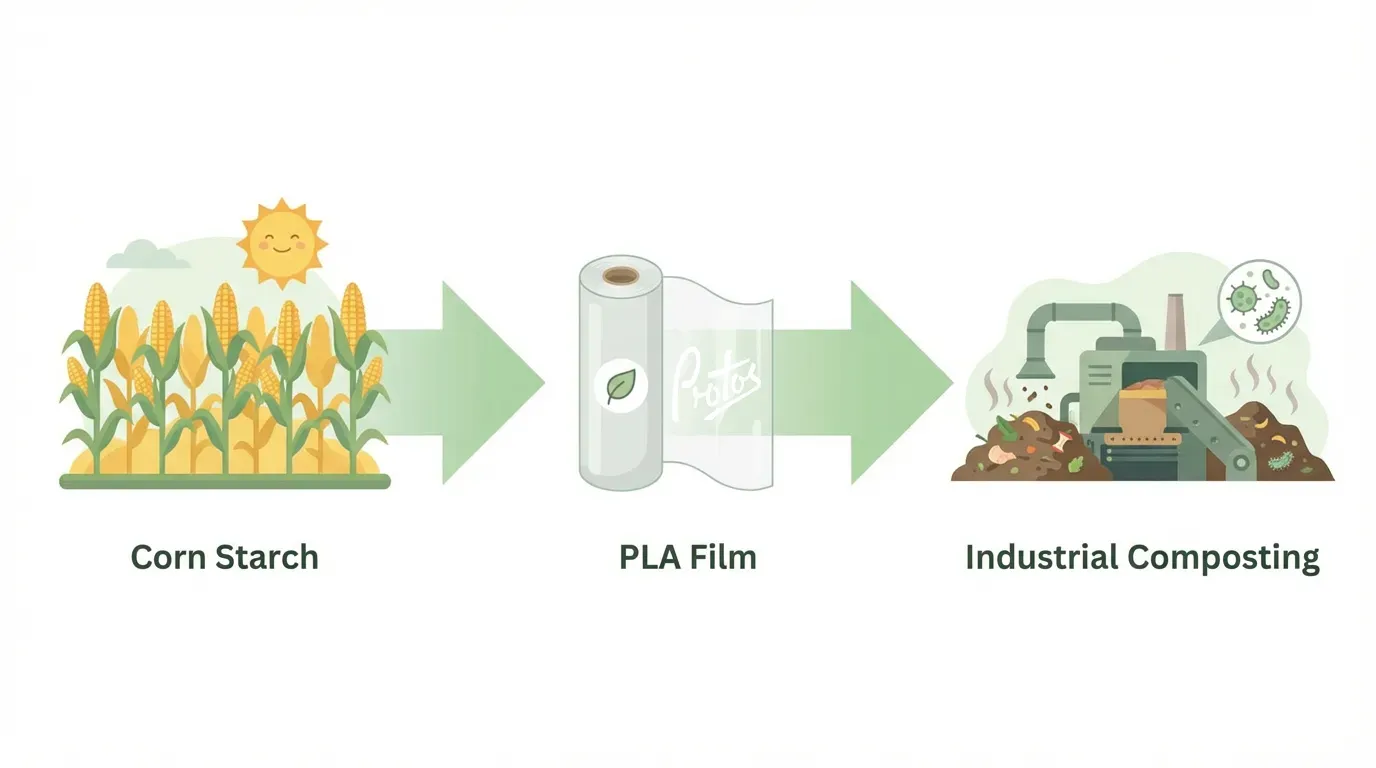 PLA lifecycle infographic - from corn feedstock to film production to industrial composting
