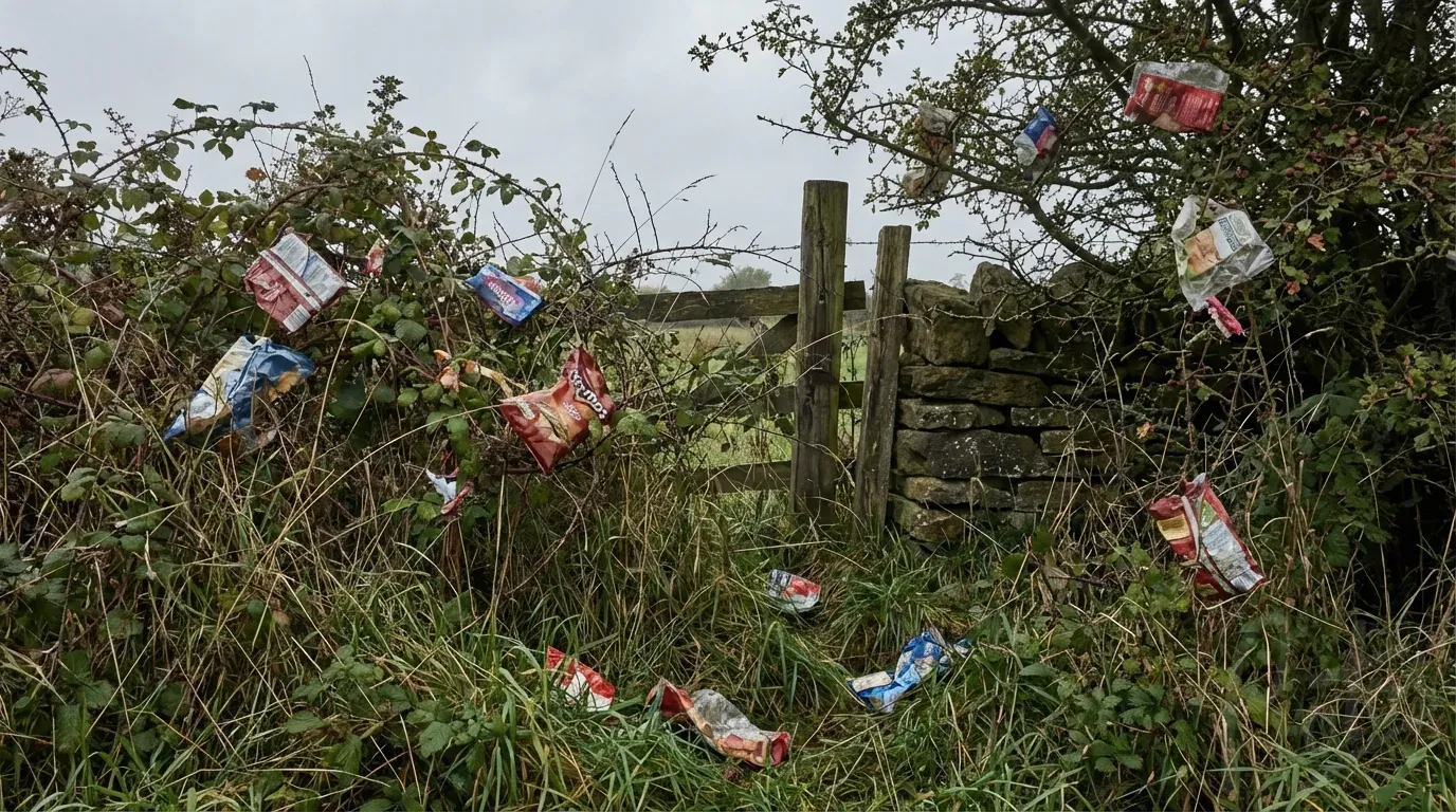 Plastic packaging litter caught in a British countryside hedgerow - the fugitive plastic problem biodegradable BOPP addresses