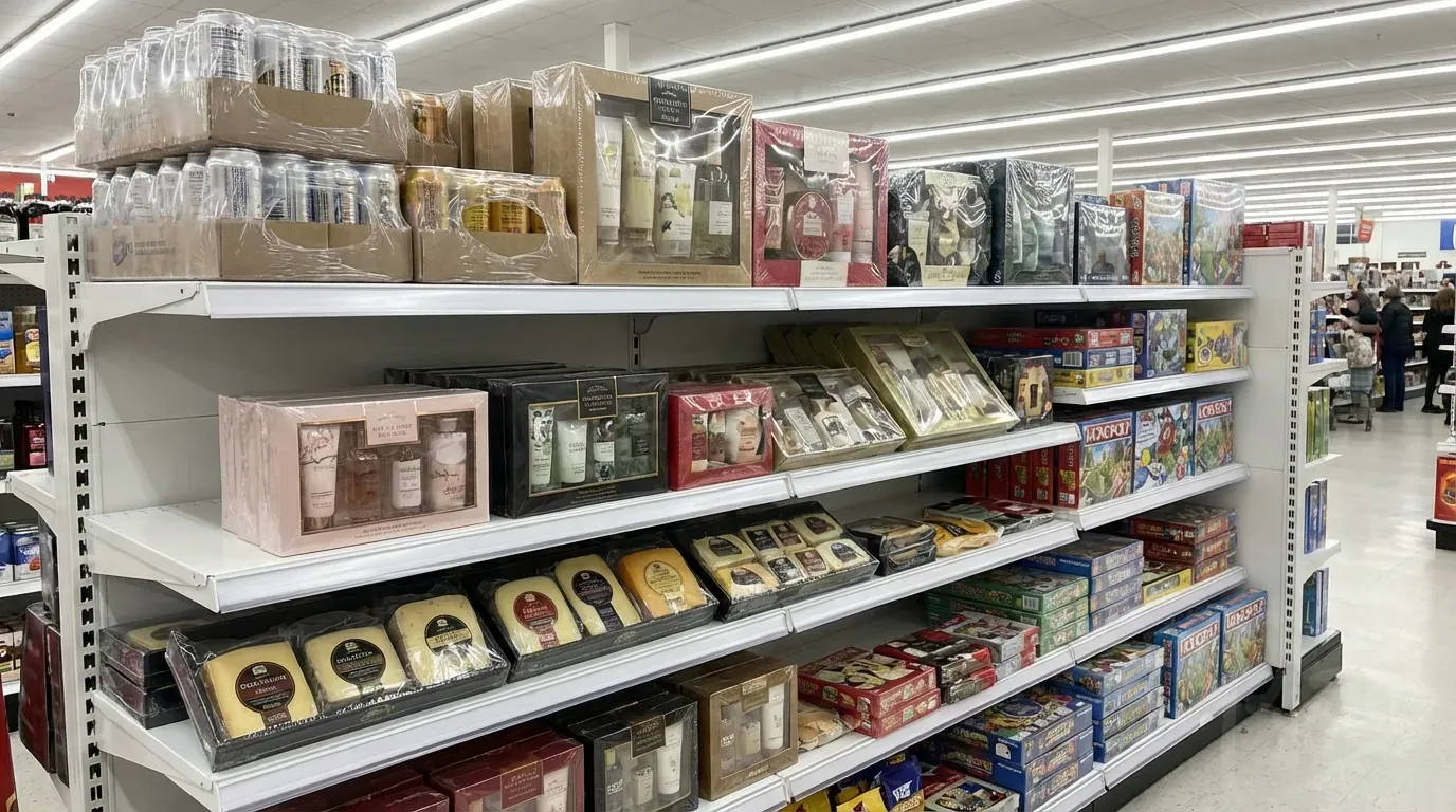 Retail shelf display showing various products wrapped in clear polyolefin shrink film - multipacks, gift sets, and food items with professional presentation