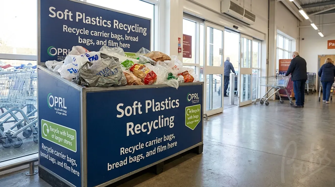 Soft plastic recycling collection point at a UK supermarket where polyolefin shrink film can be recycled alongside carrier bags and other flexible plastics