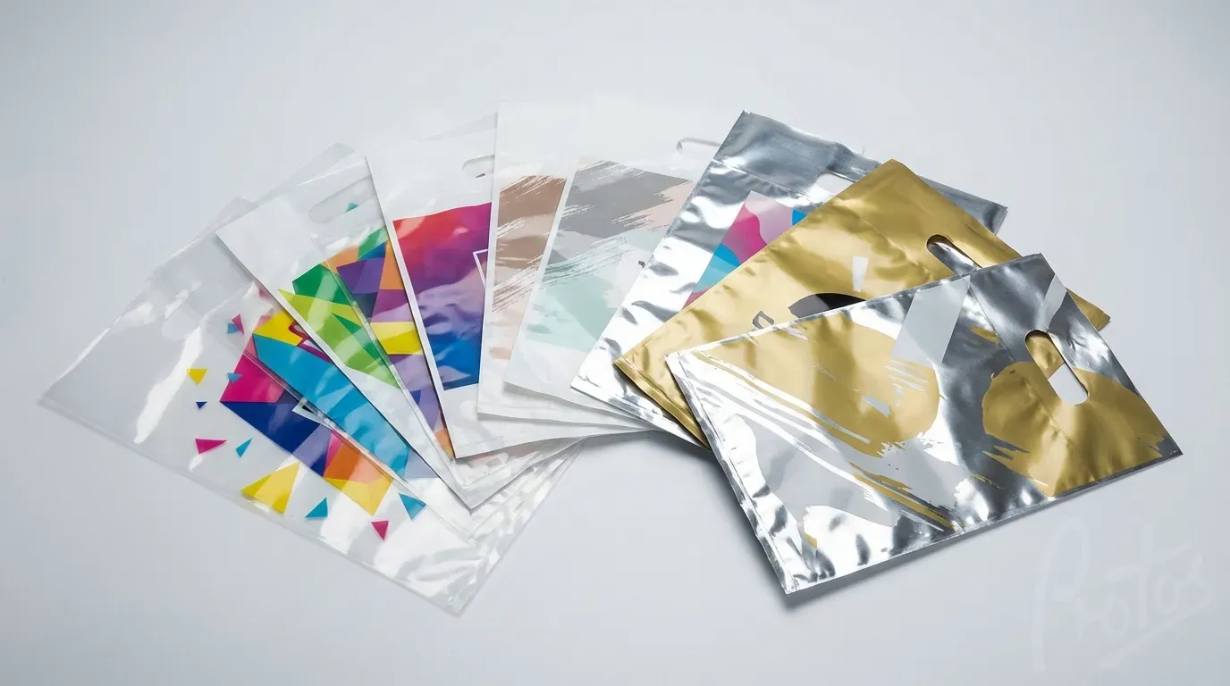 Range of printed flexible packaging samples including bags and film for design approval