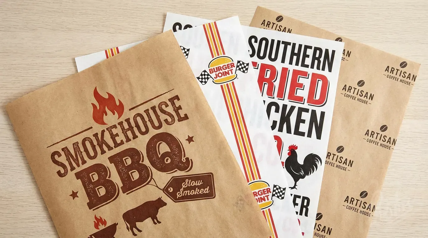 Variety of printed greaseproof papers showing different restaurant branding - BBQ, burger joint, fried chicken, and coffee shop designs