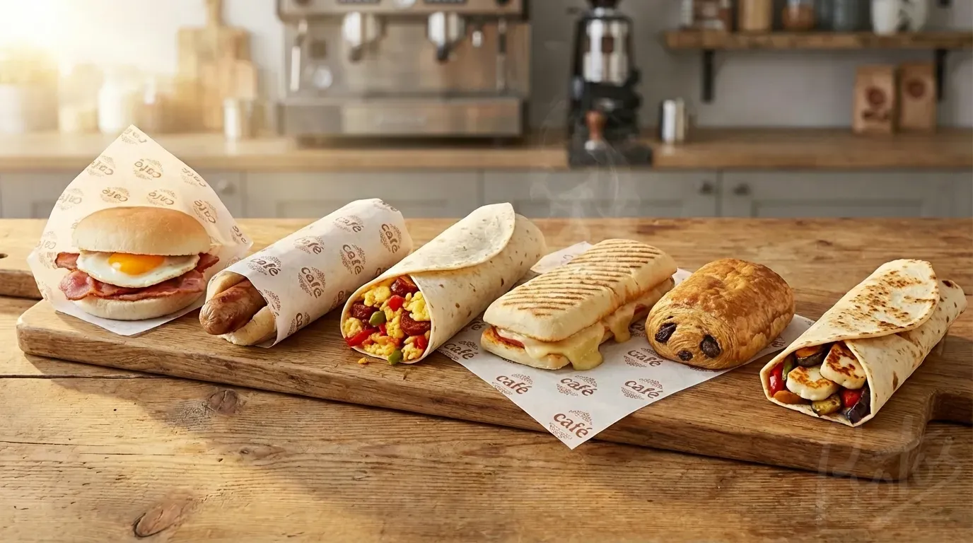 Café breakfast items wrapped in custom printed greaseproof paper with branded design