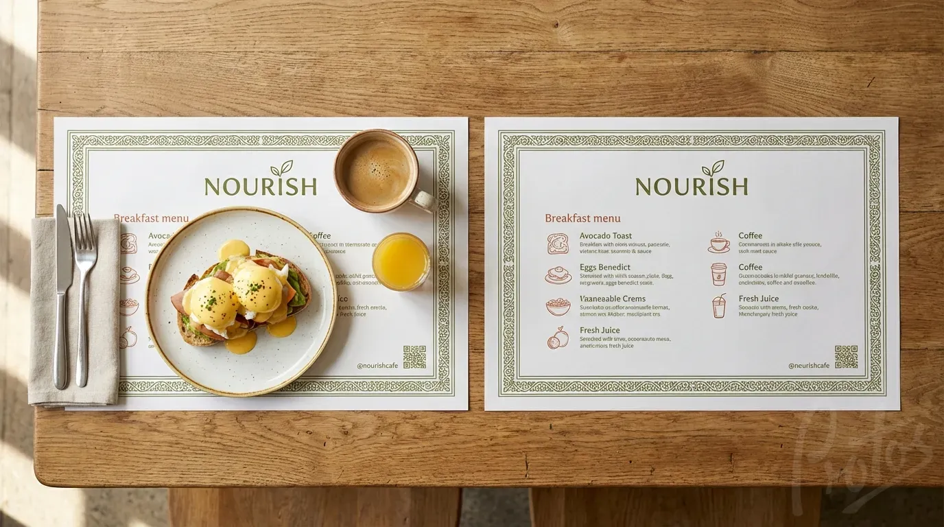 Printed greaseproof placemat menus on café table showing register sheeting with precise print positioning