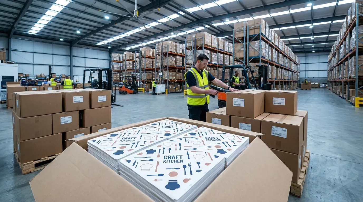 Catering supplier warehouse with boxes of printed greaseproof sheets ready for distribution to resellers