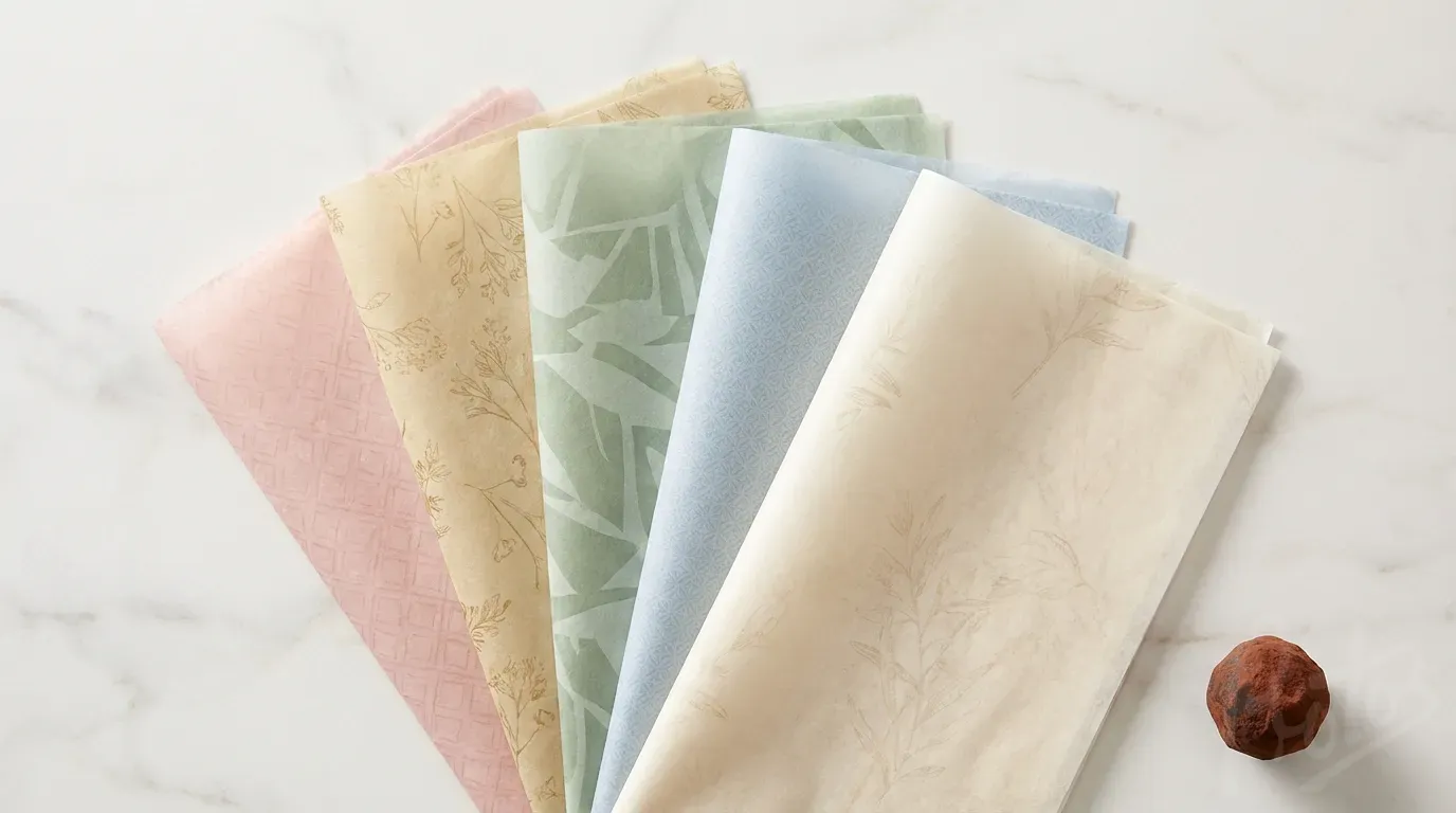 Printed tissue paper in luxury chocolate gift box presentation