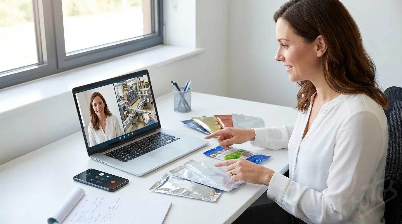 Packaging specialist providing remote technical support via video call, discussing film samples with customer