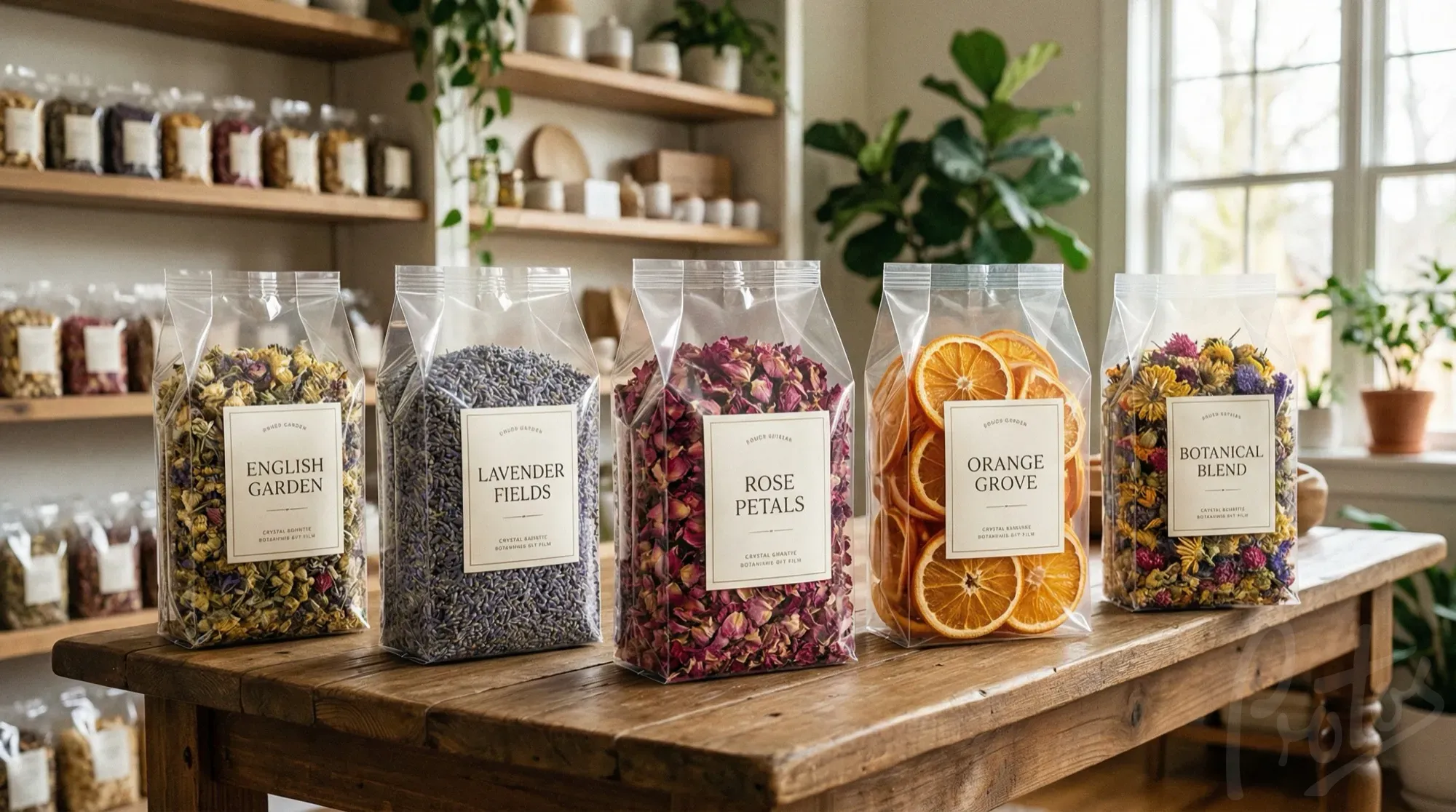 Side gusseted bags of dried flowers and potpourri with paper labels for retail display