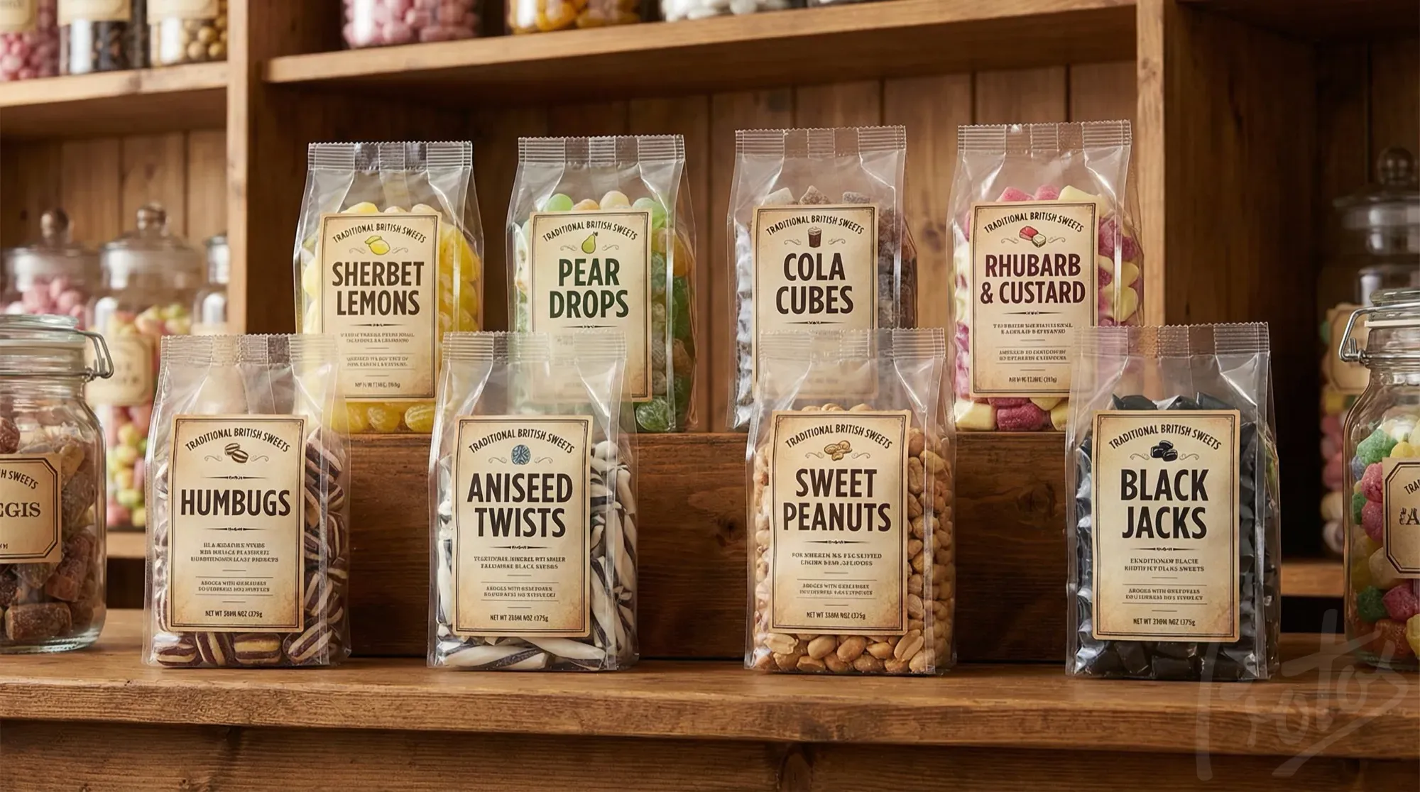 Traditional British sweets in side gusseted bags with paper labels on retail display