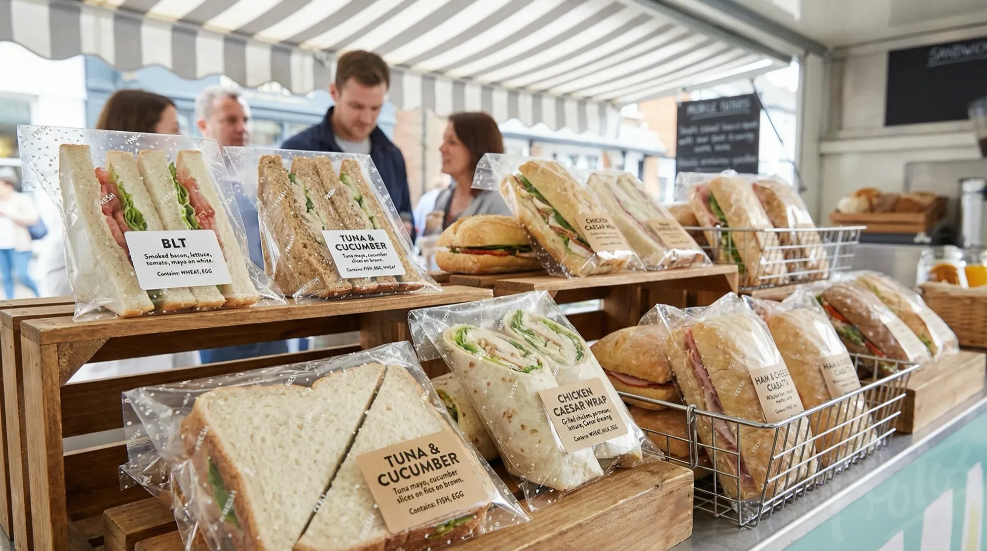 Cafe sandwich display with various sandwiches in printed side weld bags with ingredient labels