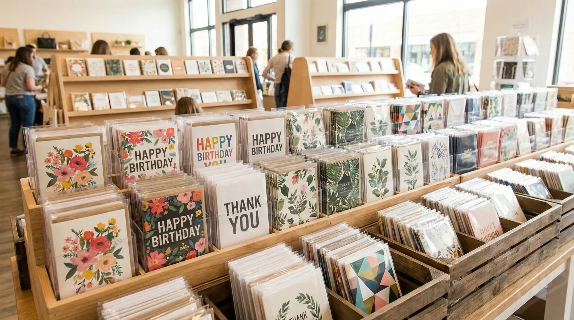 Greeting cards in clear side weld bags on retail display