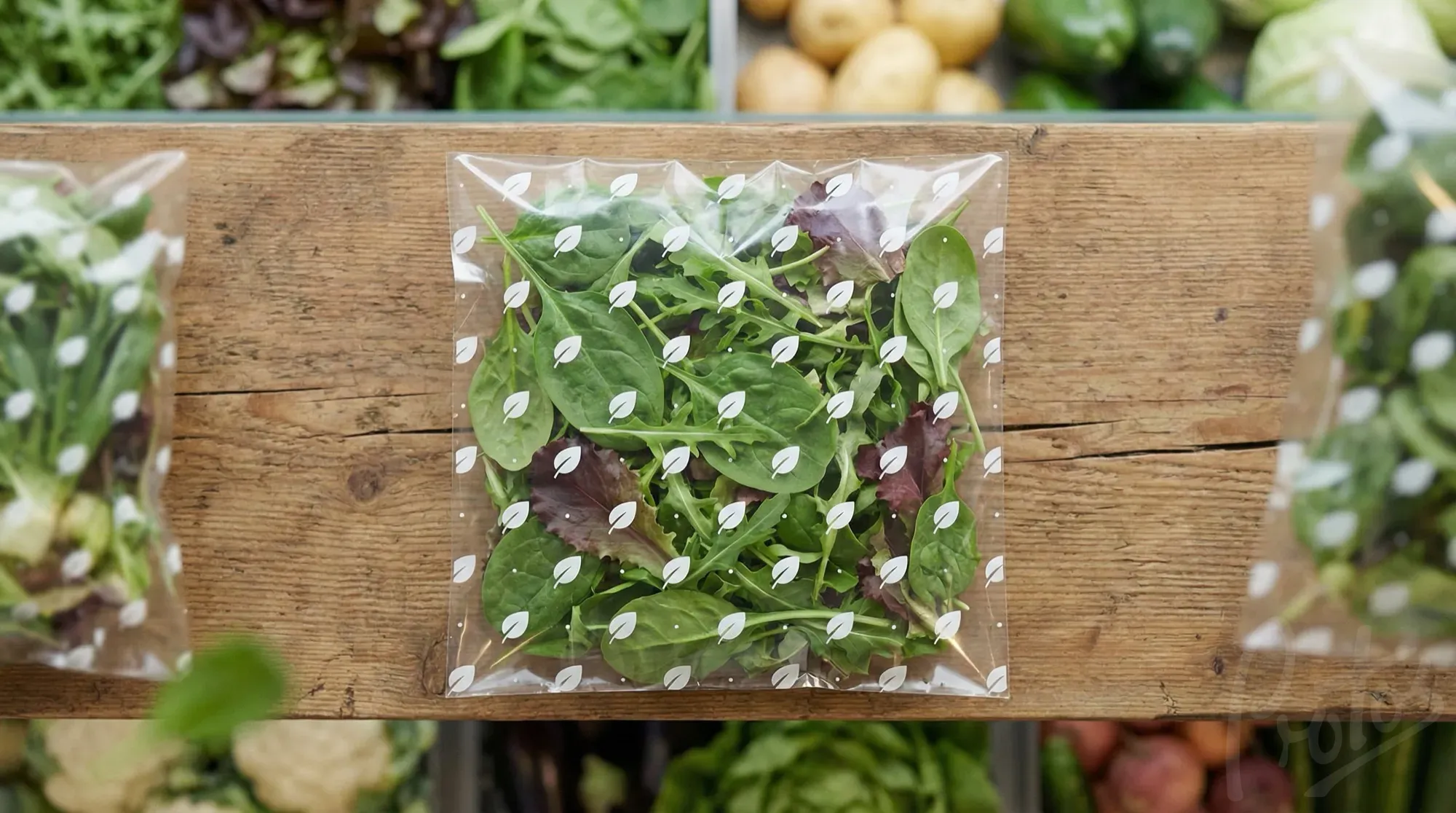 Fresh salad leaves in printed side weld bags for retail and food service