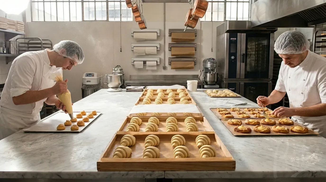 Patisserie kitchen with siliconised paper-lined trays ready for morning baking production