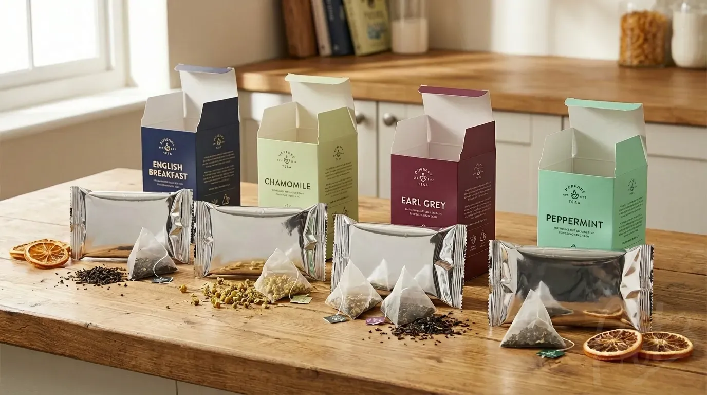 Range of premium tea products showing metallised inner liner bags with pyramid teabags spilling out, alongside branded cardboard tea boxes