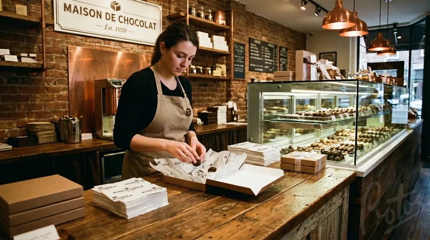 Chocolatier packing truffles into gift box lined with tissue paper