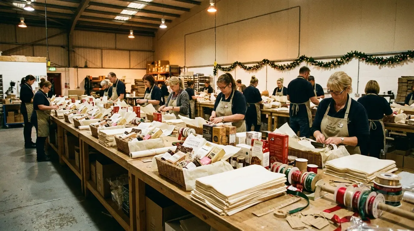 Food hamper assembly line with tissue paper being used for premium presentation