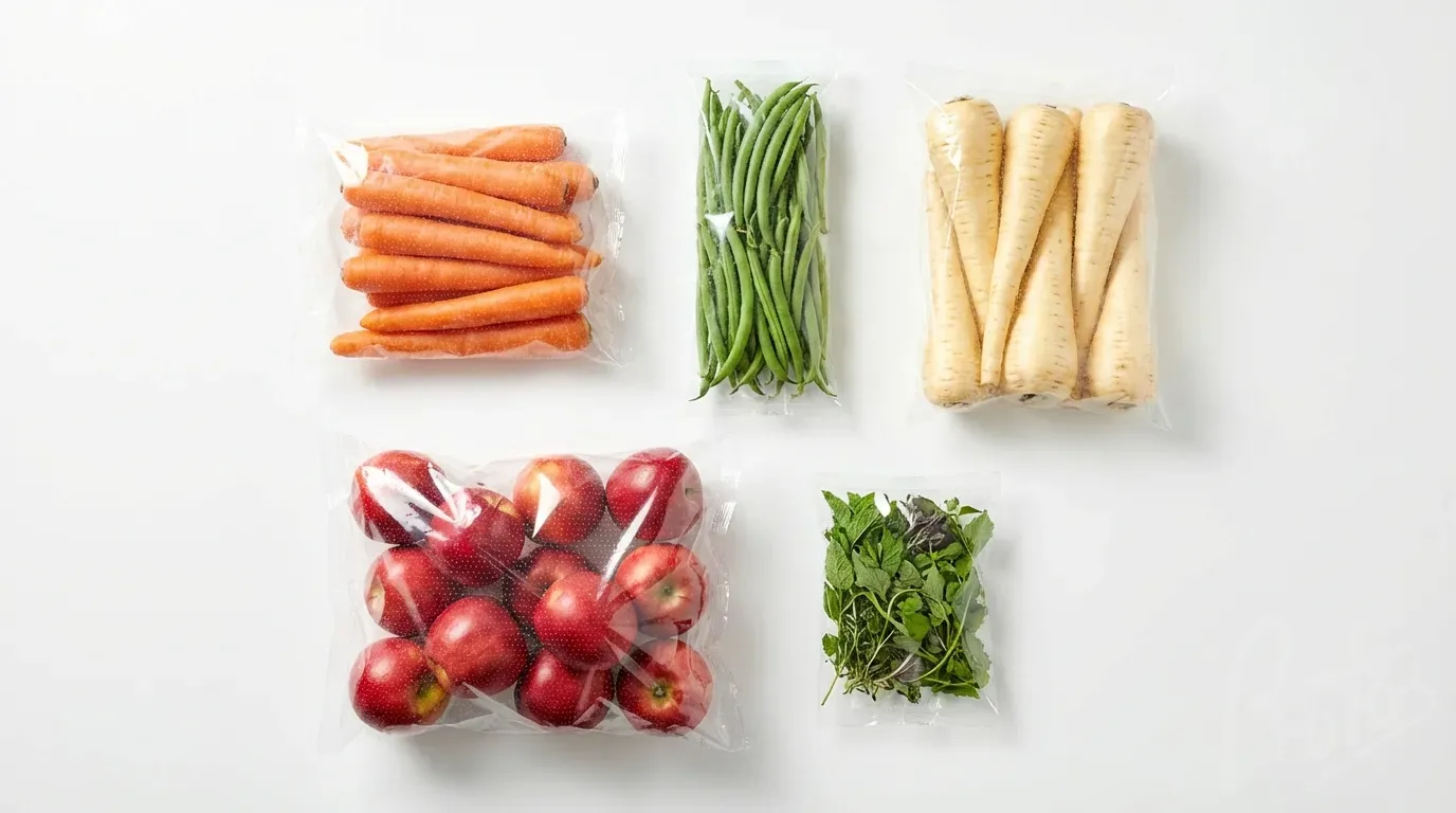 Variety of fresh produce in clear plastic packaging bags - carrots, beans, apples, herbs