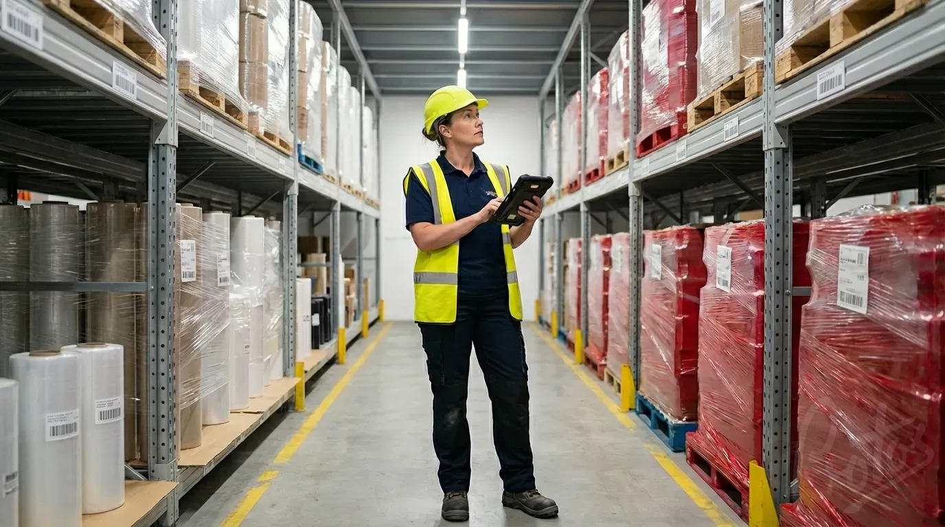Warehouse operative checking stock levels on racking system