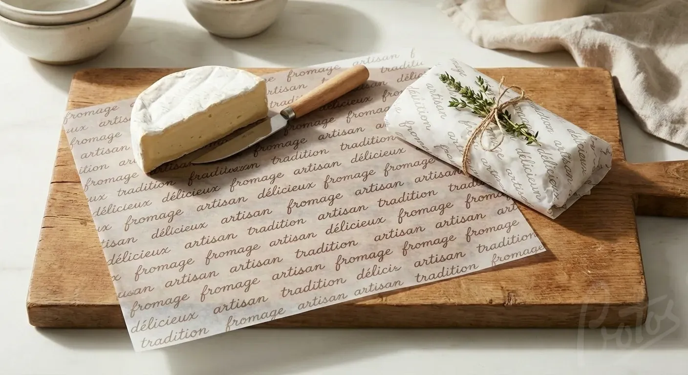 Brie cheese wrapped in waxed paper on a wooden serving board
