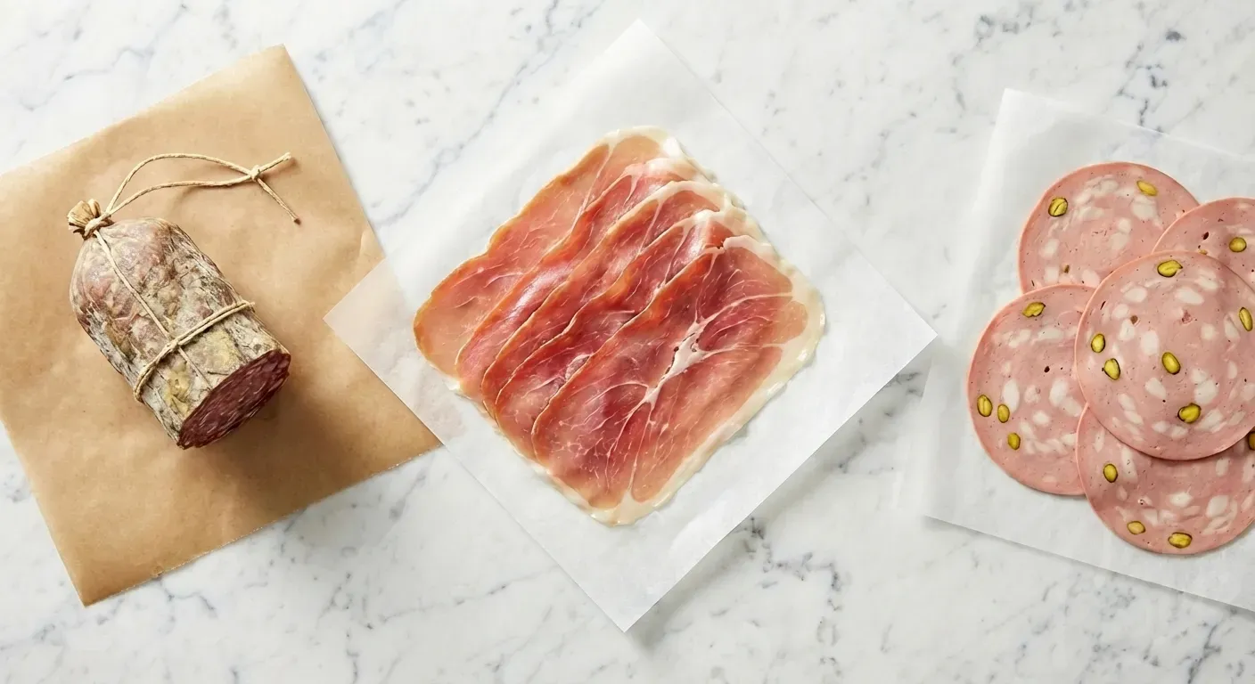 Waxed paper sheets used for wrapping charcuterie and cured meats at a deli counter display