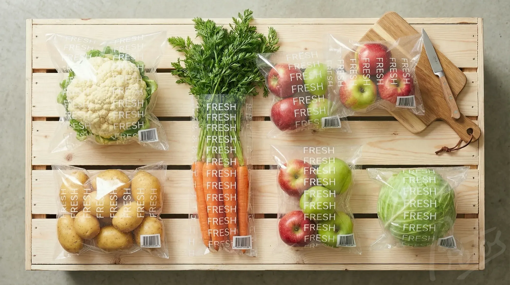 Gamme de produits frais dans des sachets wickettes de marque